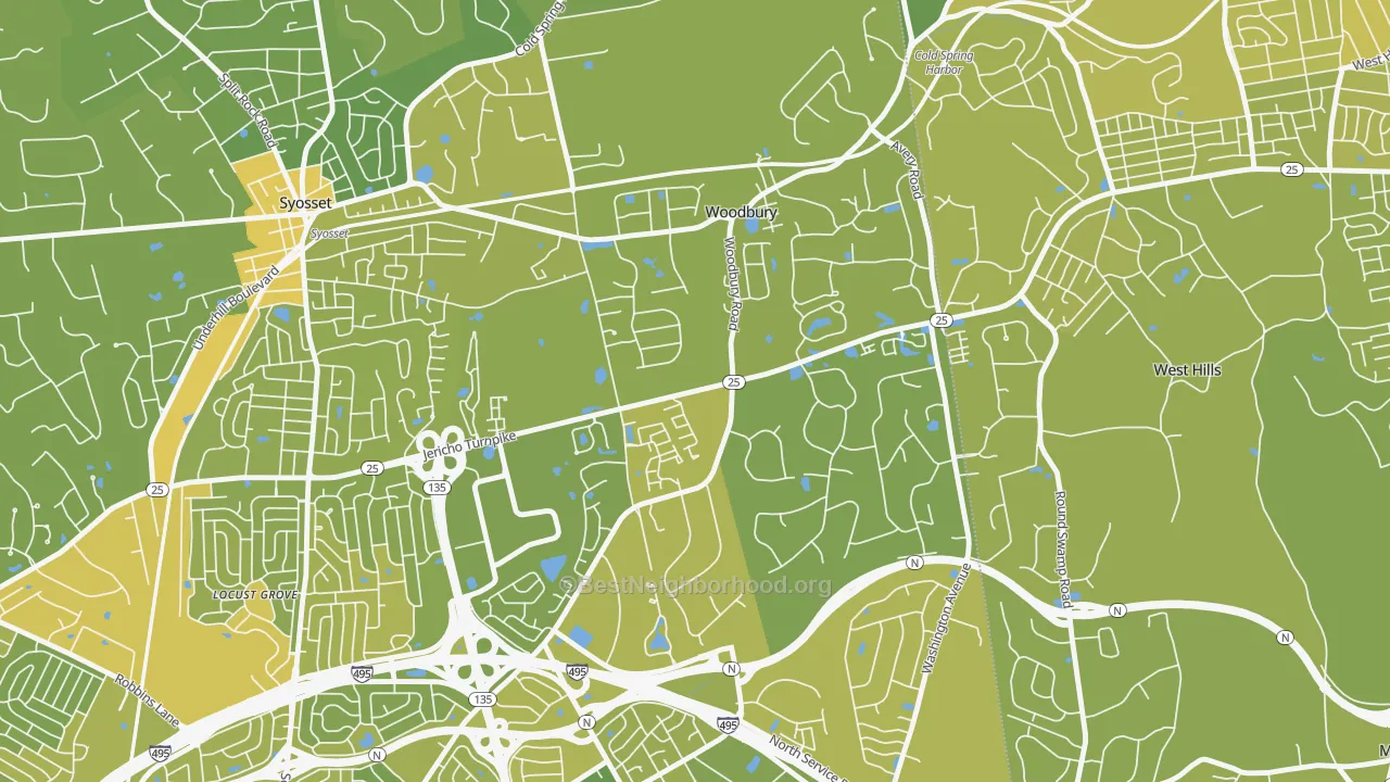 Map of the best neighborhoods in the Woodbury area, with better matches in green and worse matches in red