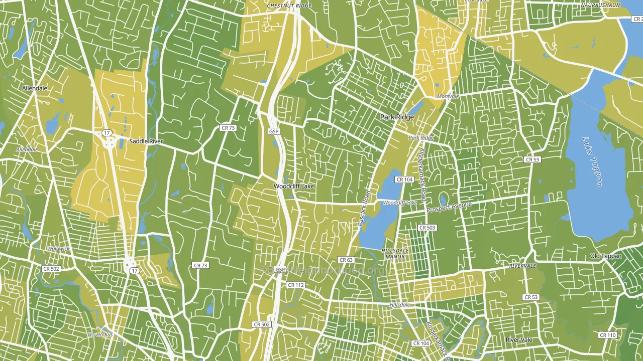 Map of the best neighborhoods in the Woodcliff Lake area, with better matches in green and worse matches in red