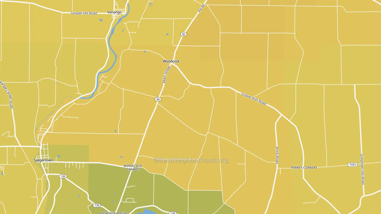 Map of the best neighborhoods in the Woodcock area, with better matches in green and worse matches in red