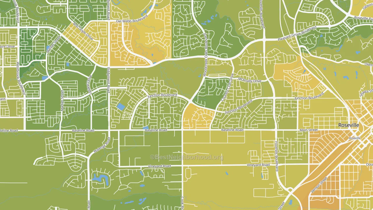 Map of the best neighborhoods in the Woodcreek Oaks, Roseville area, with better matches in green and worse matches in red