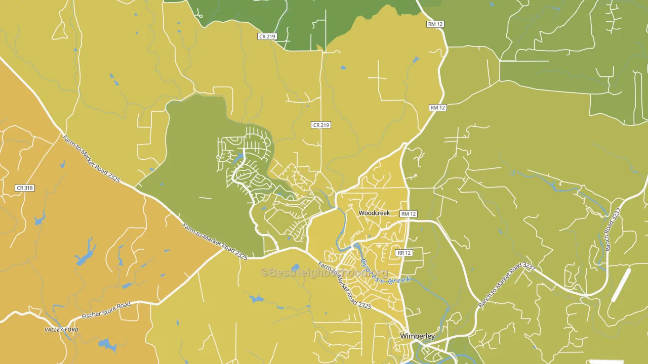 Map of the best neighborhoods in the Woodcreek area, with better matches in green and worse matches in red