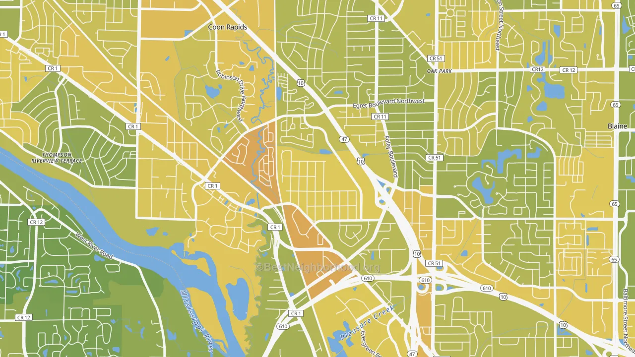 Map of the best neighborhoods in the Woodcrest, Coon Rapids area, with better matches in green and worse matches in red