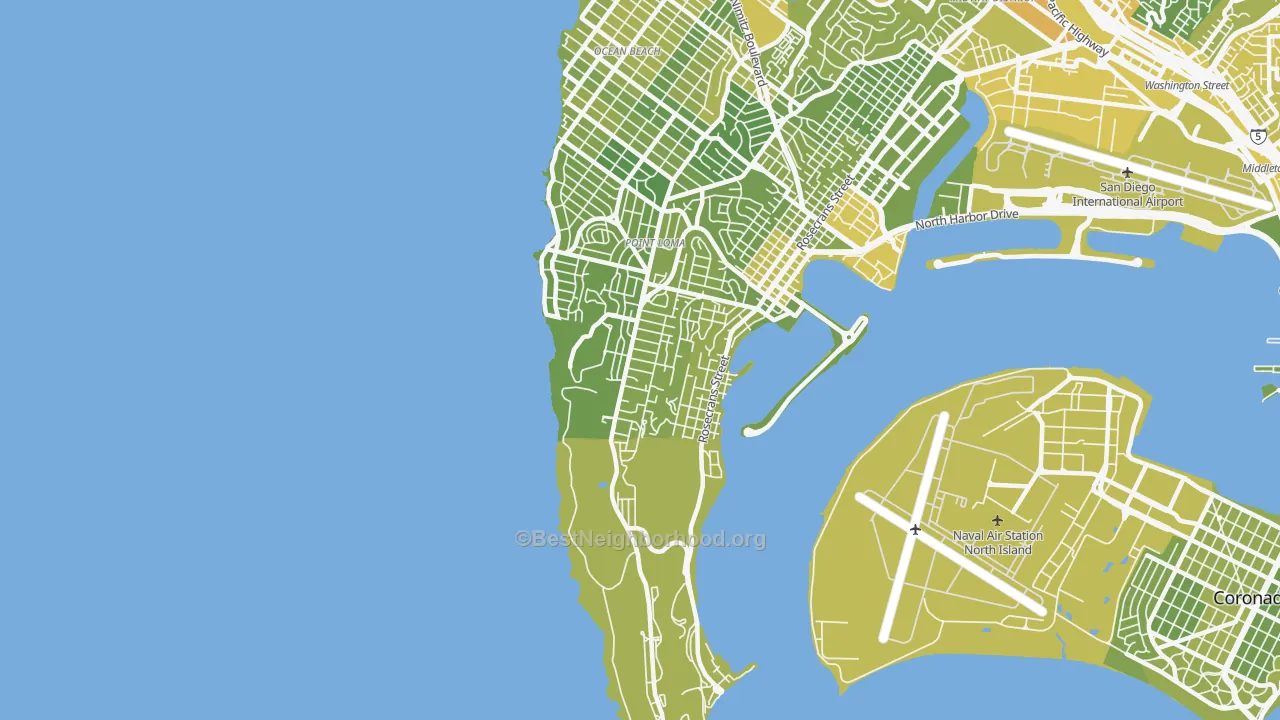 Map of the best neighborhoods in the Wooded Area, San Diego area, with better matches in green and worse matches in red
