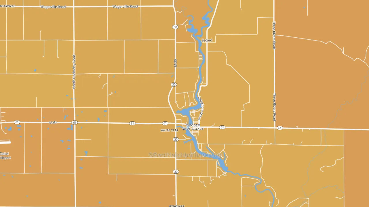 Map of the best neighborhoods in the Wooden Shoe Village area, with better matches in green and worse matches in red