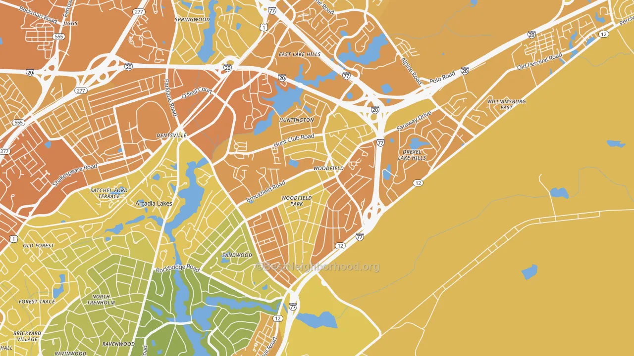 Map of the best neighborhoods in the Woodfield area, with better matches in green and worse matches in red