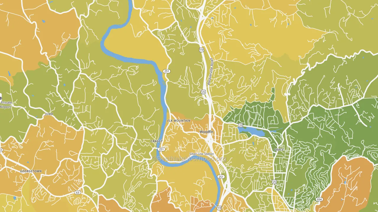 Map of the best neighborhoods in the Woodfin area, with better matches in green and worse matches in red