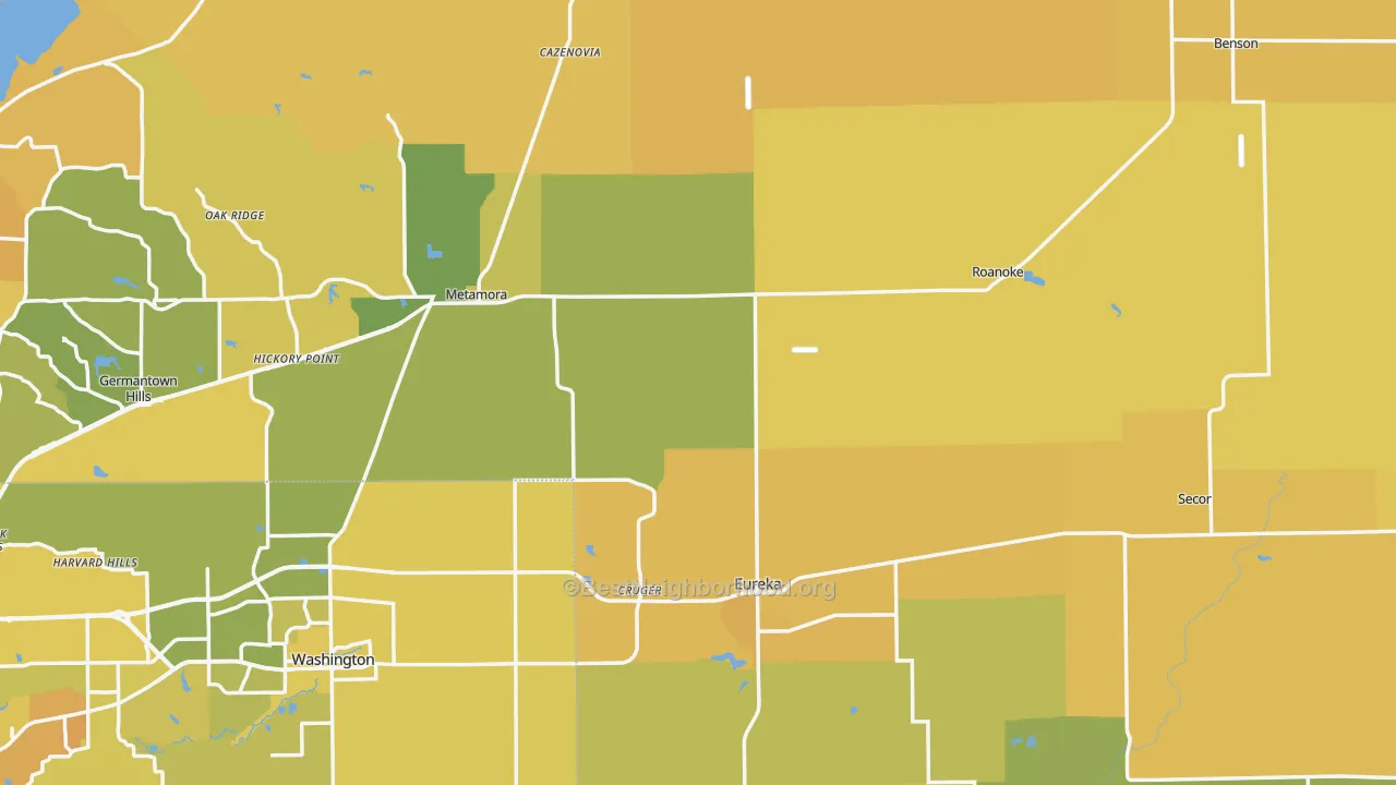 Map of the best neighborhoods in the Woodford County area, with better matches in green and worse matches in red