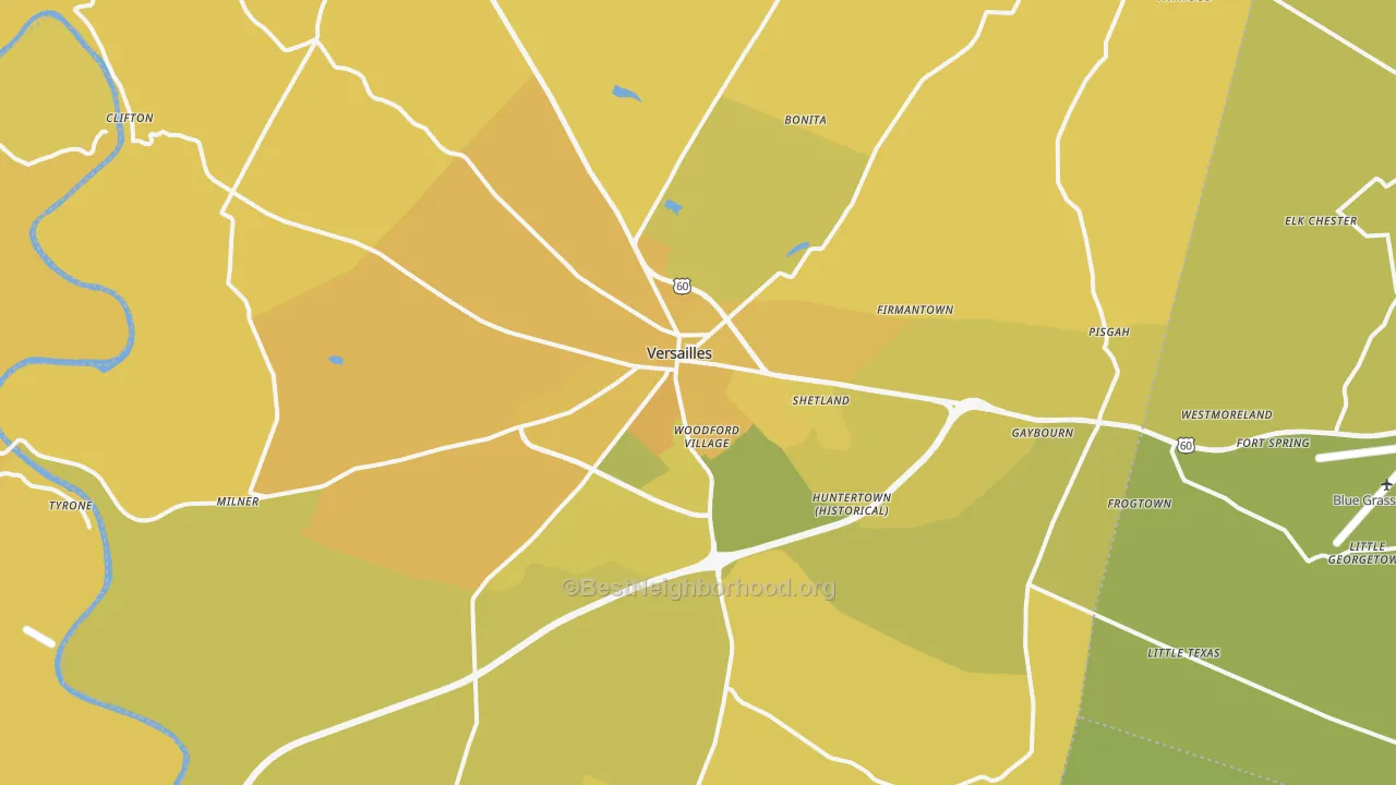 Map of the best neighborhoods in the Woodford County area, with better matches in green and worse matches in red