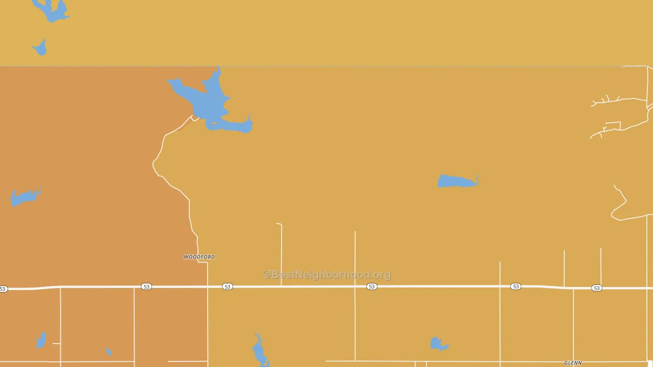 Map of the best neighborhoods in the Woodford area, with better matches in green and worse matches in red
