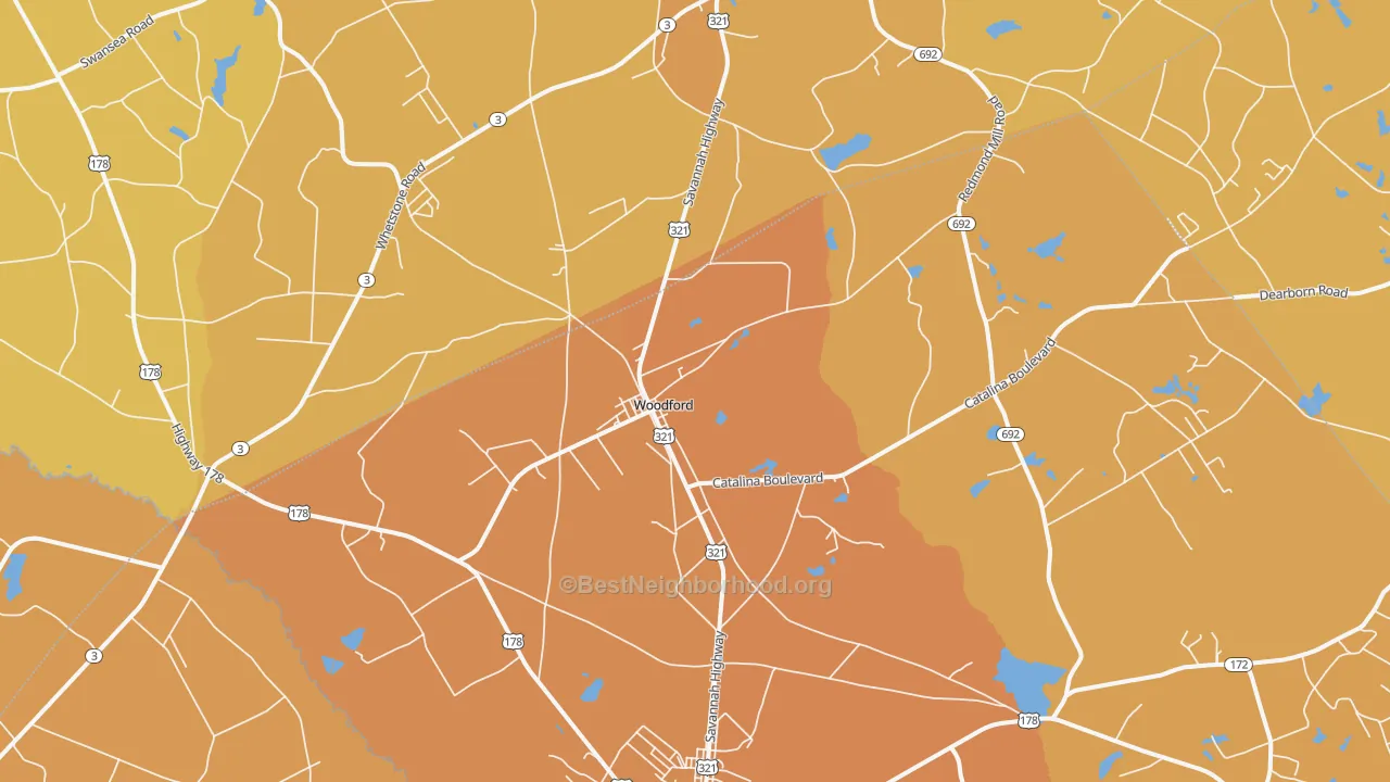 Map of the best neighborhoods in the Woodford area, with better matches in green and worse matches in red