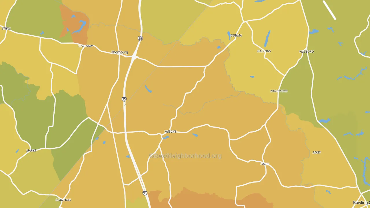 Map of the best neighborhoods in the Woodford area, with better matches in green and worse matches in red