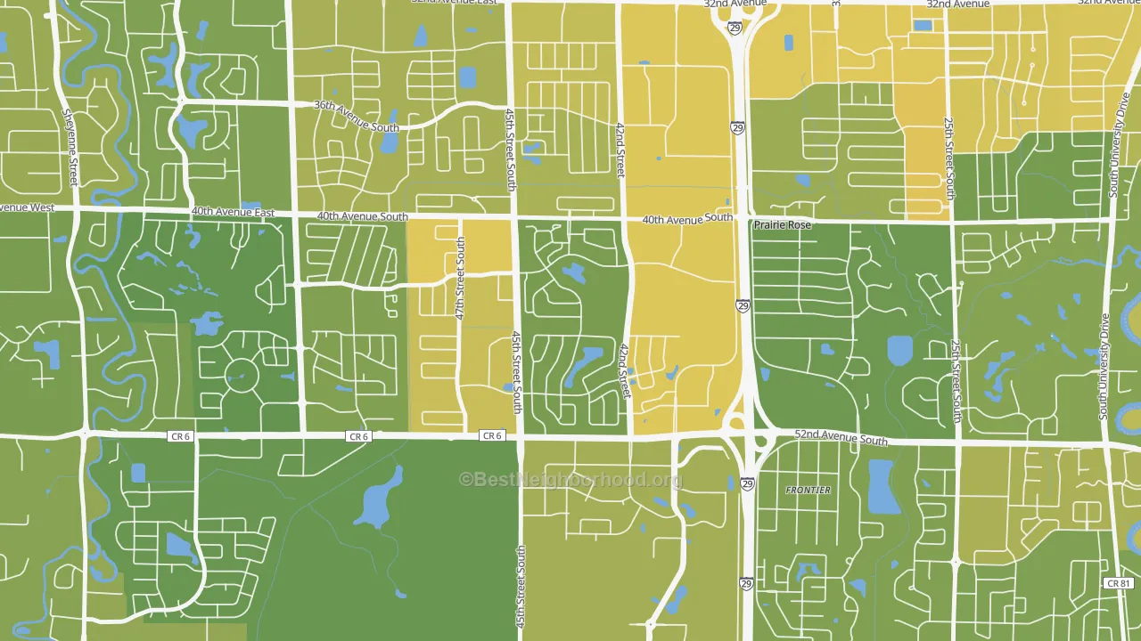 Map of the best neighborhoods in the Woodhaven, Fargo area, with better matches in green and worse matches in red