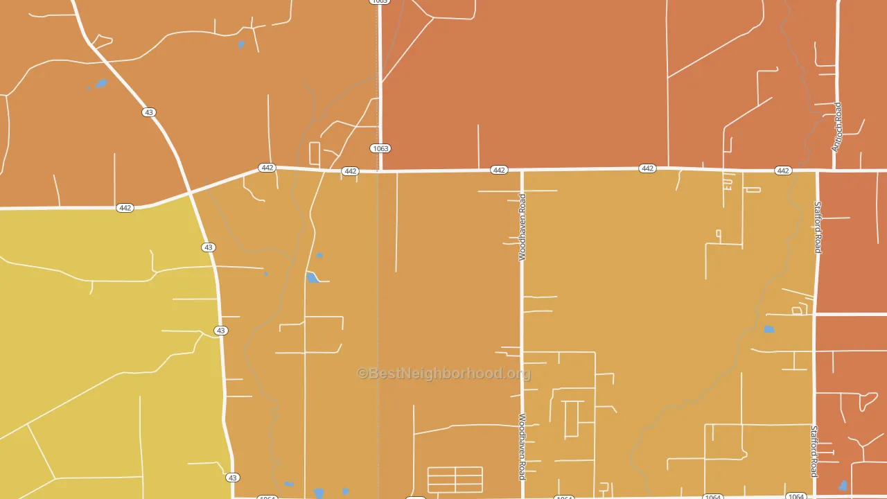 Map of the best neighborhoods in the Woodhaven area, with better matches in green and worse matches in red