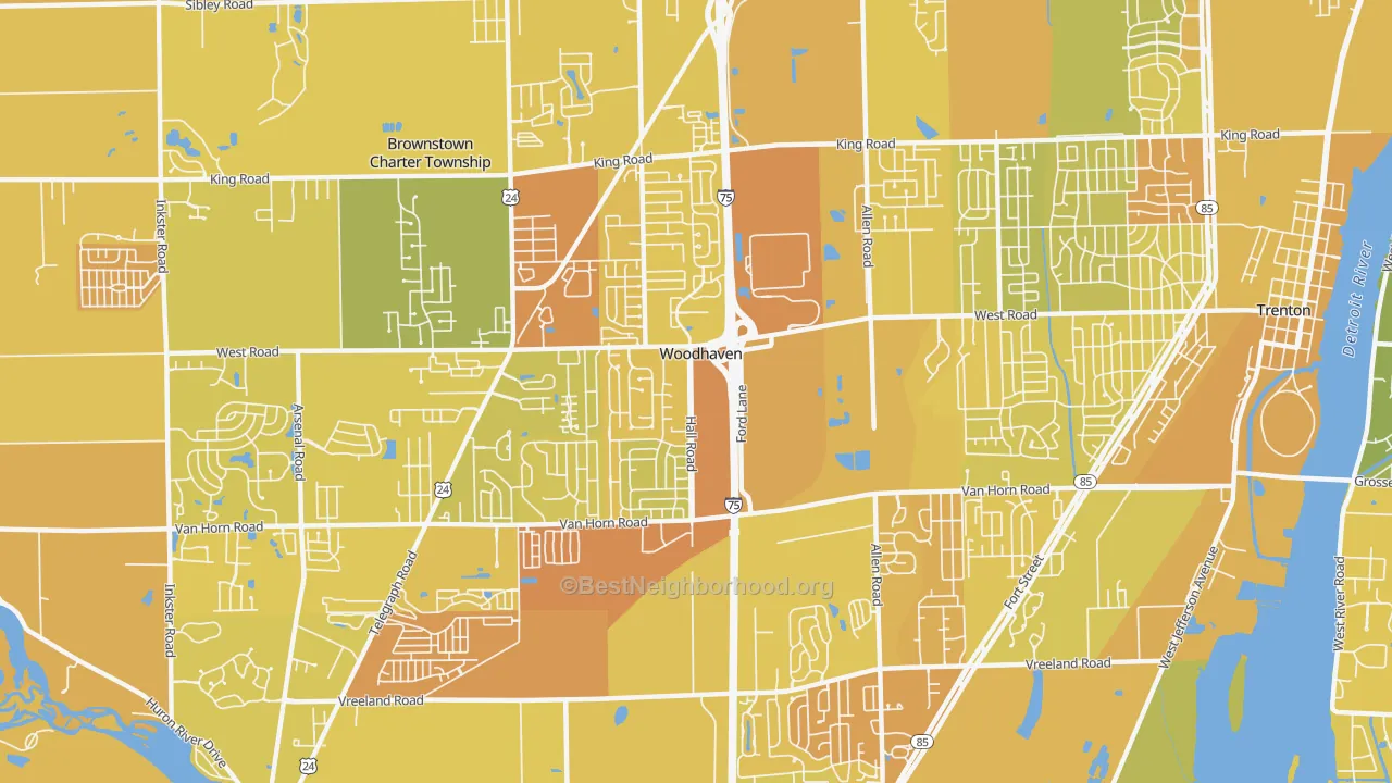 Map of the best neighborhoods in the Woodhaven area, with better matches in green and worse matches in red