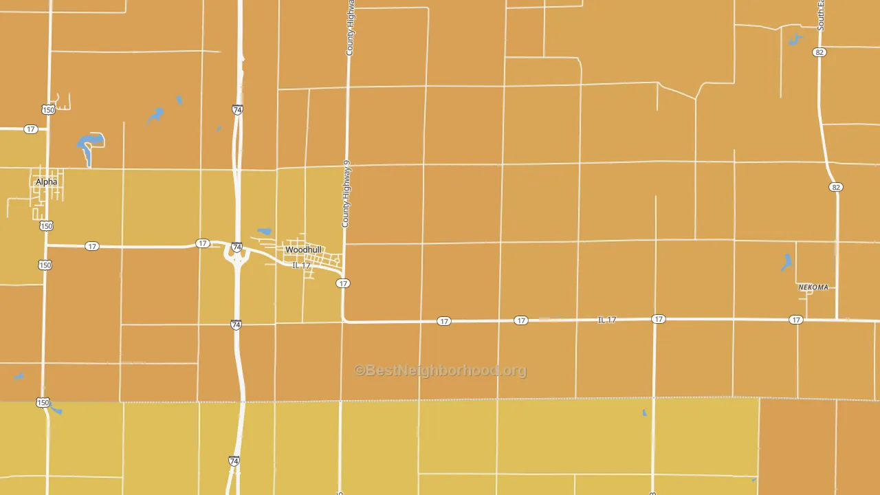 Map of the best neighborhoods in the Woodhull area, with better matches in green and worse matches in red