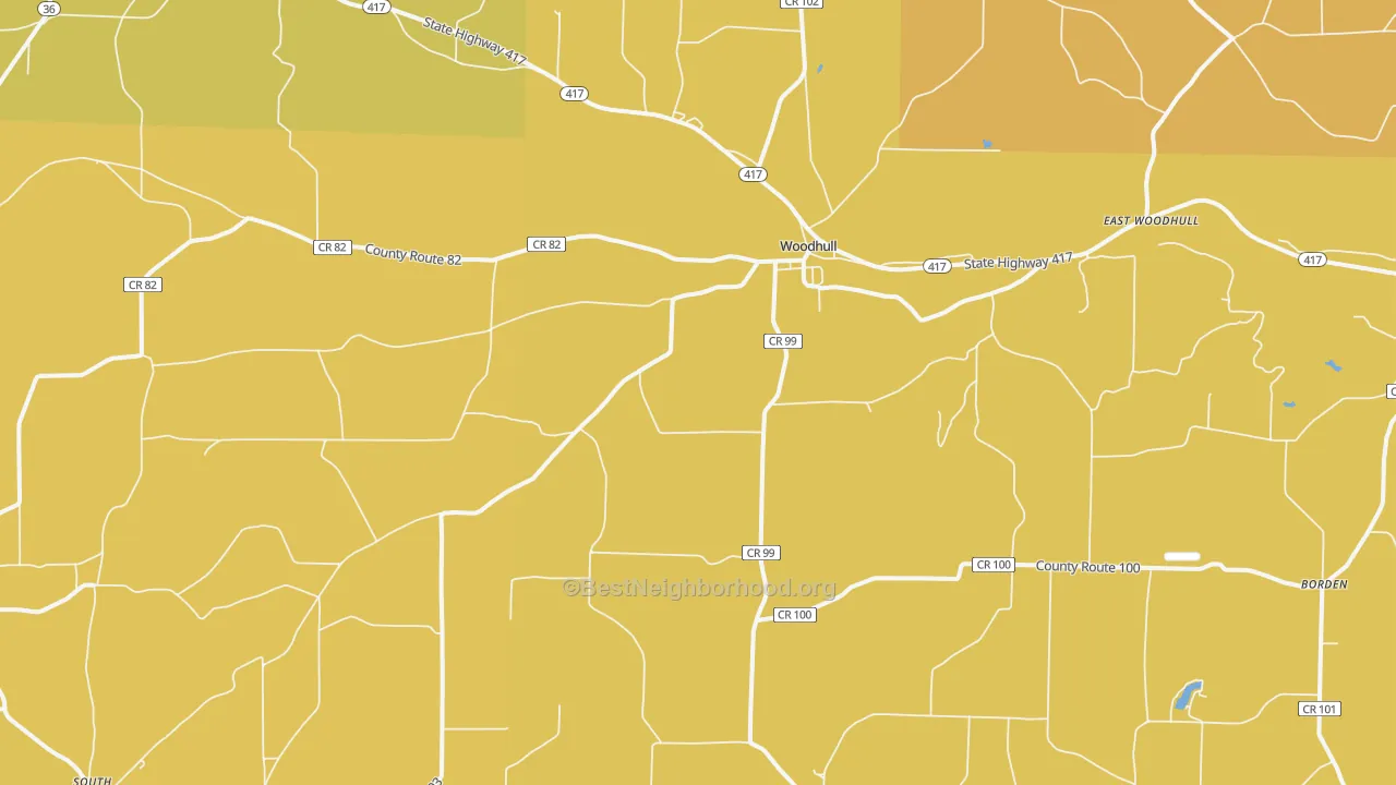 Map of the best neighborhoods in the Woodhull area, with better matches in green and worse matches in red