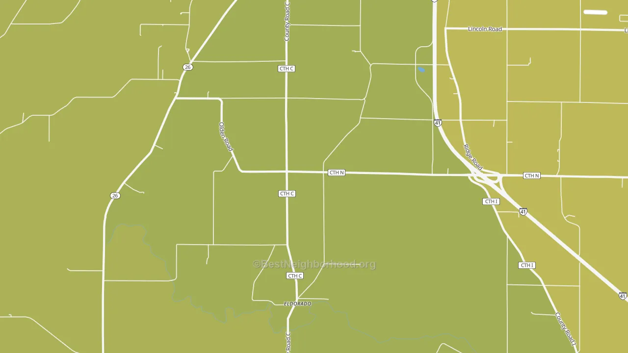 Map of the best neighborhoods in the Woodhull area, with better matches in green and worse matches in red