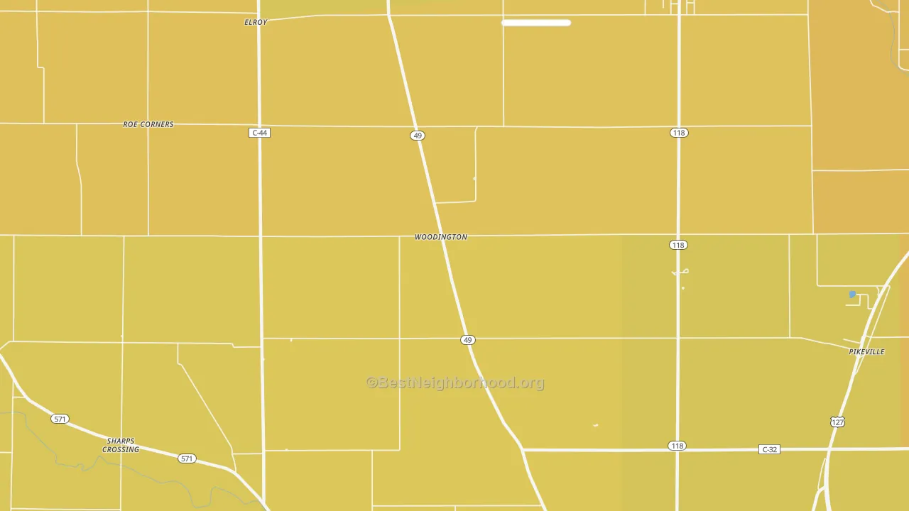Map of the best neighborhoods in the Woodington area, with better matches in green and worse matches in red