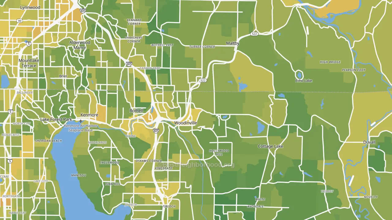 Map of the best neighborhoods in the Woodinville area, with better matches in green and worse matches in red