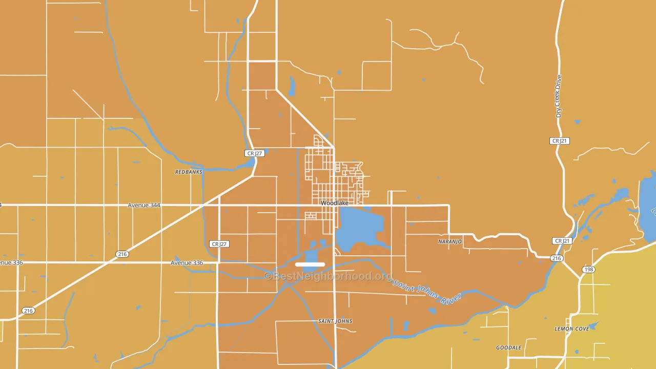 Map of the best neighborhoods in the Woodlake area, with better matches in green and worse matches in red
