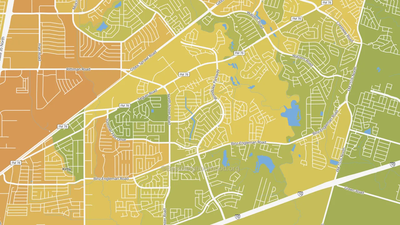 Map of the best neighborhoods in the Woodlake, San Antonio area, with better matches in green and worse matches in red