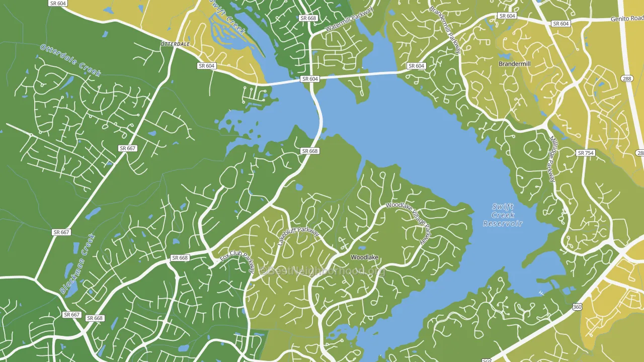 Map of the best neighborhoods in the Woodlake area, with better matches in green and worse matches in red