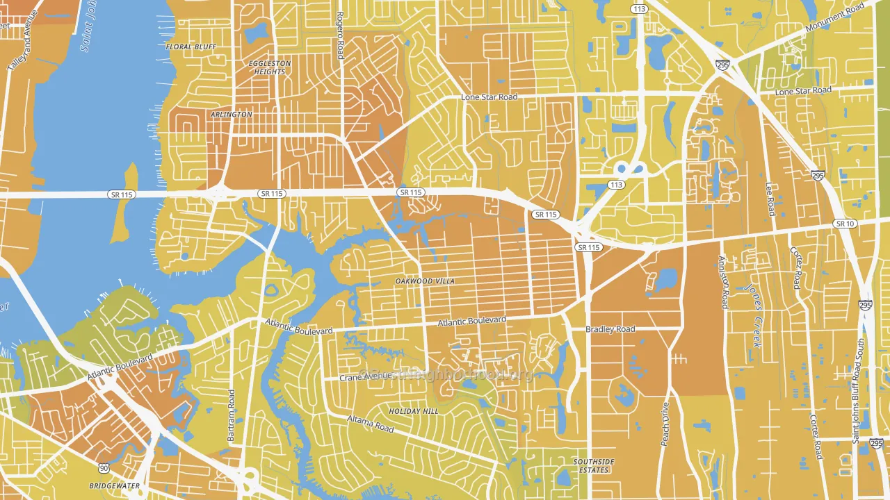Map of the best neighborhoods in the Woodland Acres, Jacksonville area, with better matches in green and worse matches in red