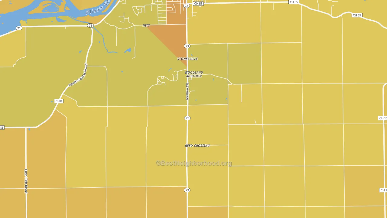 Map of the best neighborhoods in the Woodland Addition area, with better matches in green and worse matches in red