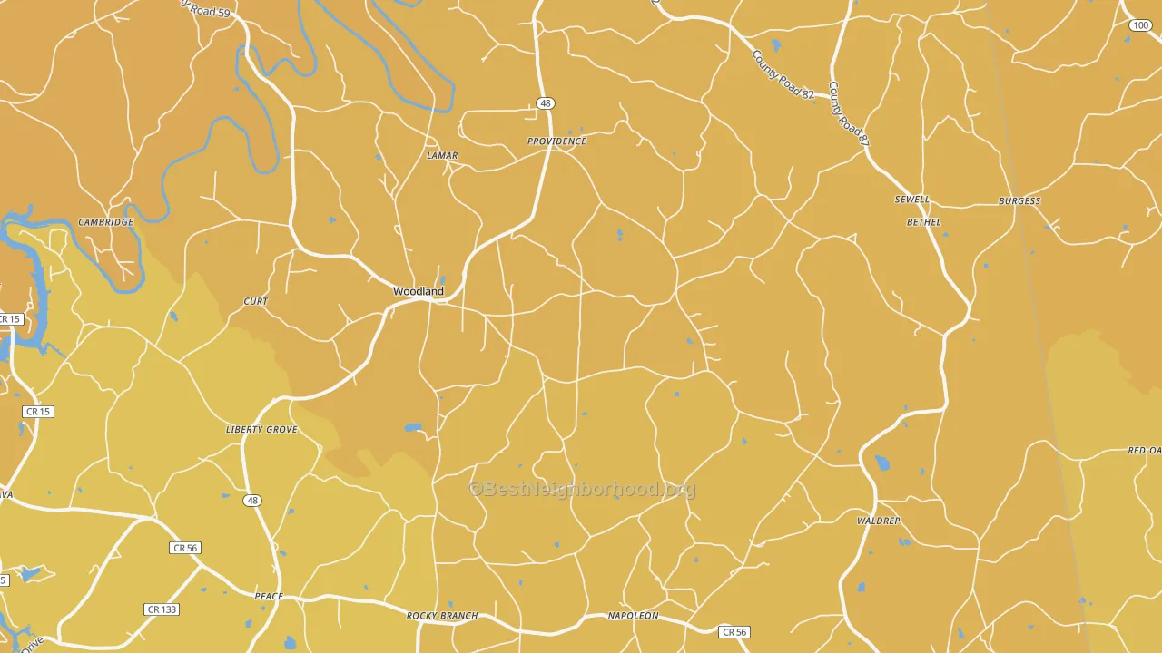 Map of the best neighborhoods in the Woodland area, with better matches in green and worse matches in red