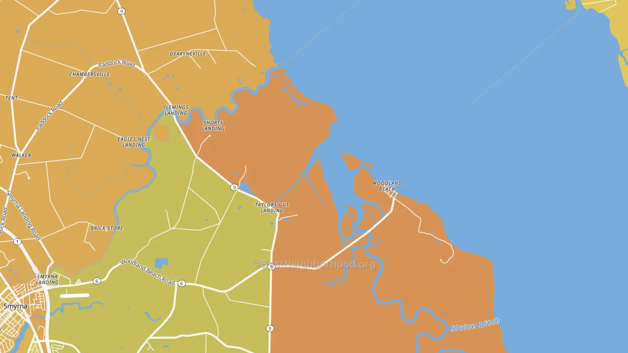 Map of the best neighborhoods in the Woodland Beach area, with better matches in green and worse matches in red