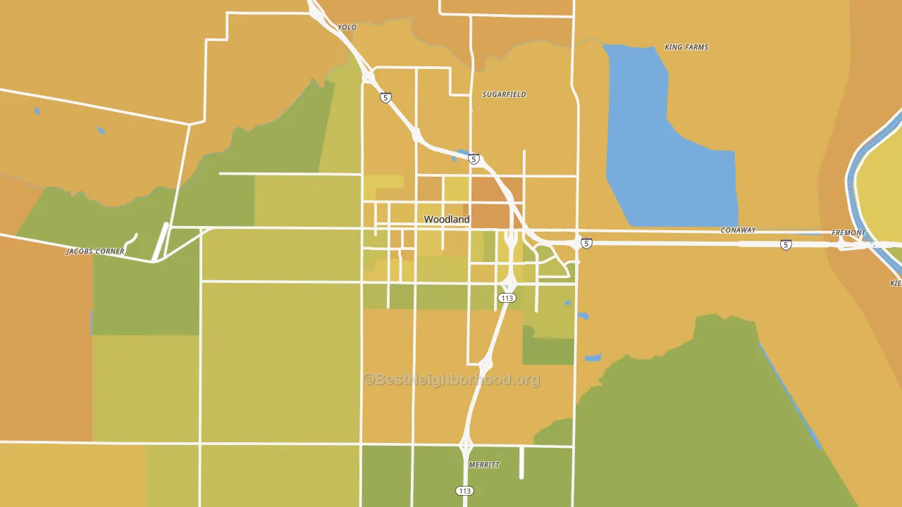 Map of the best neighborhoods in the Woodland area, with better matches in green and worse matches in red