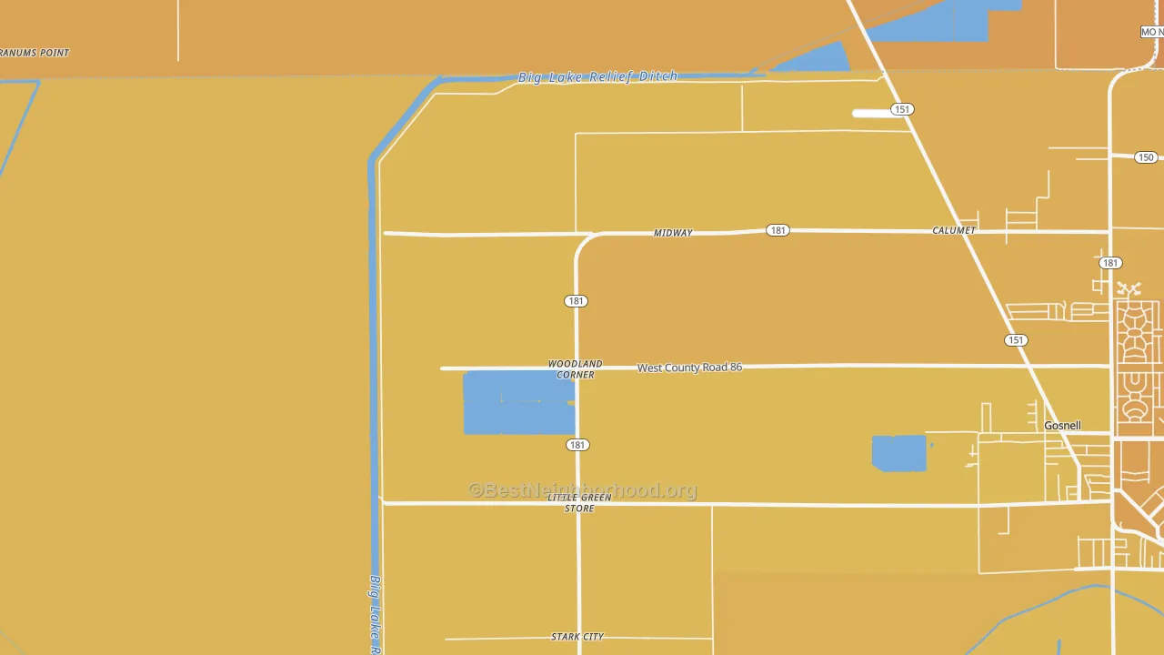 Map of the best neighborhoods in the Woodland Corner area, with better matches in green and worse matches in red