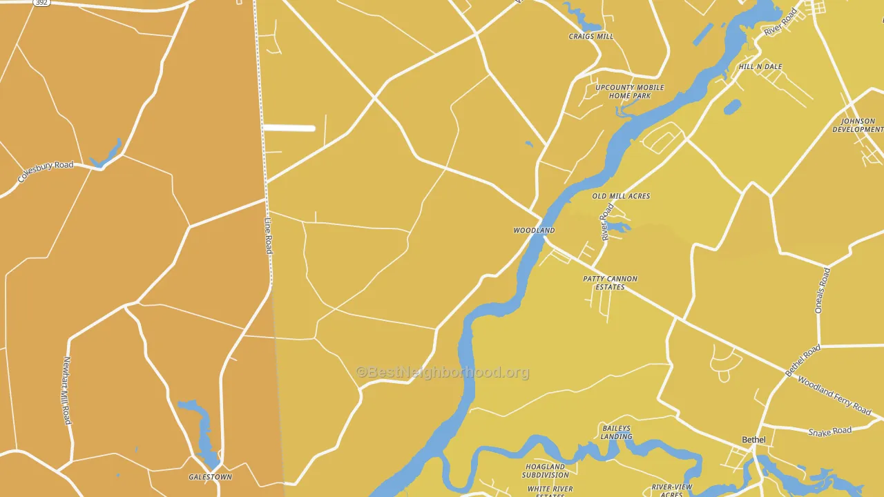 Map of the best neighborhoods in the Woodland area, with better matches in green and worse matches in red