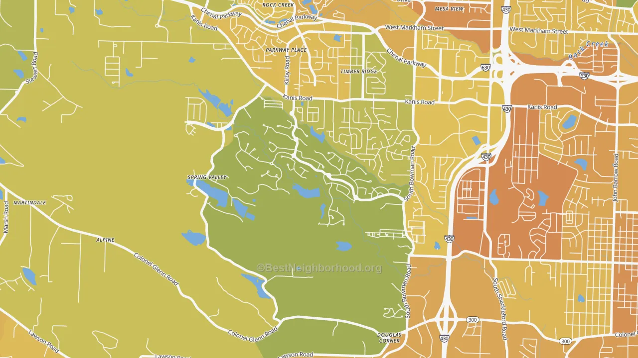 Map of the best neighborhoods in the Woodland Edge, Little Rock area, with better matches in green and worse matches in red