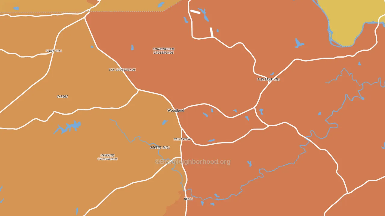 Map of the best neighborhoods in the Woodland area, with better matches in green and worse matches in red
