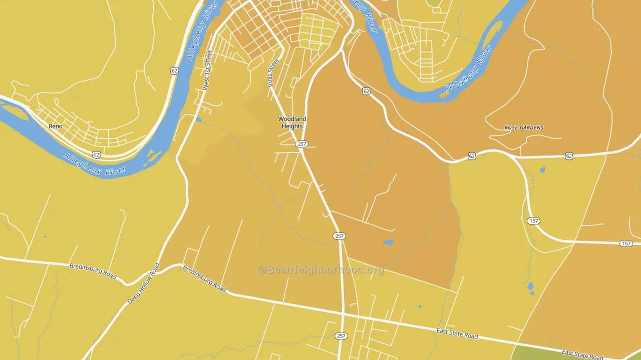 Map of the best neighborhoods in the Woodland Heights area, with better matches in green and worse matches in red