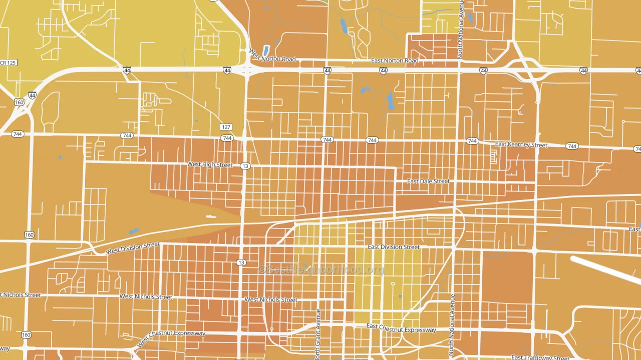 Map of the best neighborhoods in the Woodland Heights, Springfield area, with better matches in green and worse matches in red