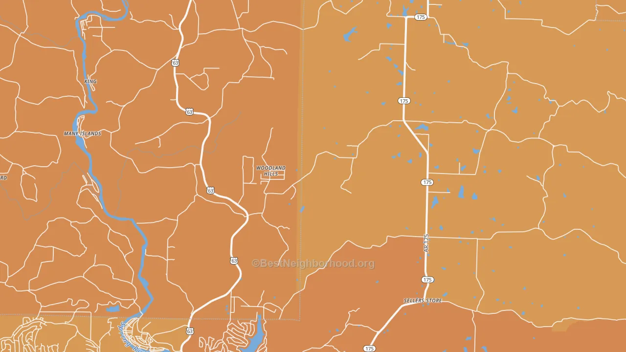 Map of the best neighborhoods in the Woodland Hills area, with better matches in green and worse matches in red