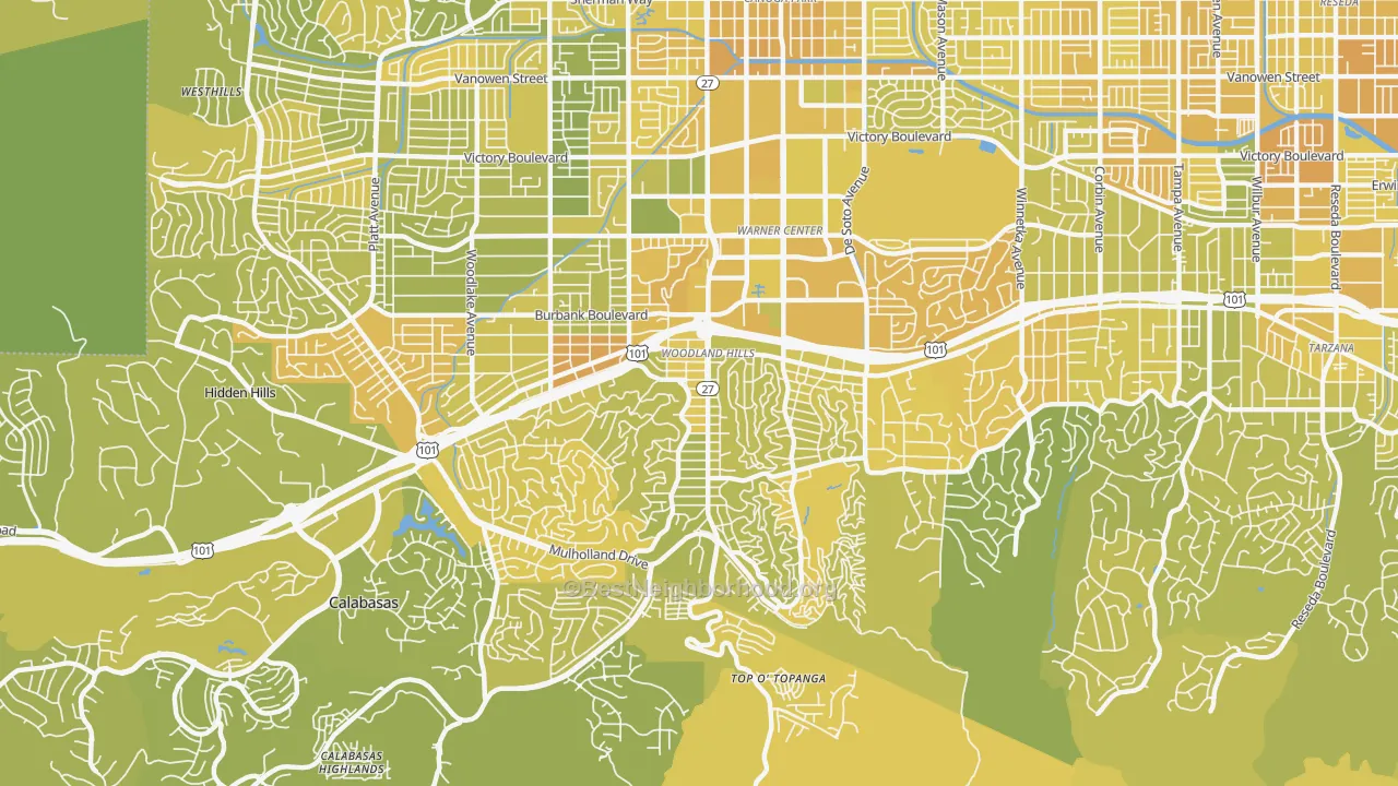 Map of the best neighborhoods in the Woodland Hills area, with better matches in green and worse matches in red