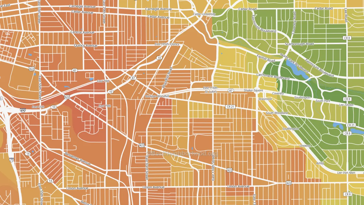 Map of the best neighborhoods in the Woodland Hills, Cleveland area, with better matches in green and worse matches in red