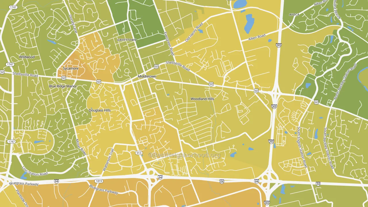 Map of the best neighborhoods in the Woodland Hills area, with better matches in green and worse matches in red