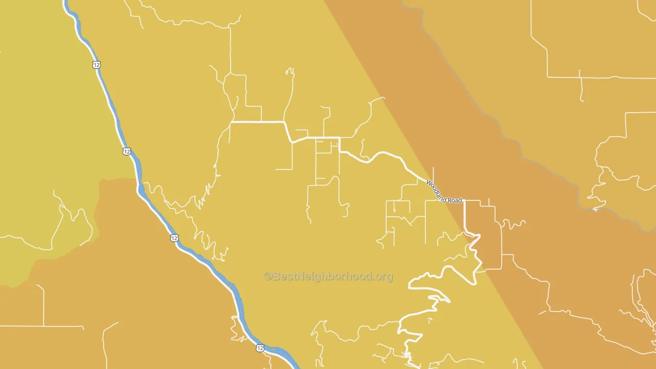 Map of the best neighborhoods in the Woodland area, with better matches in green and worse matches in red