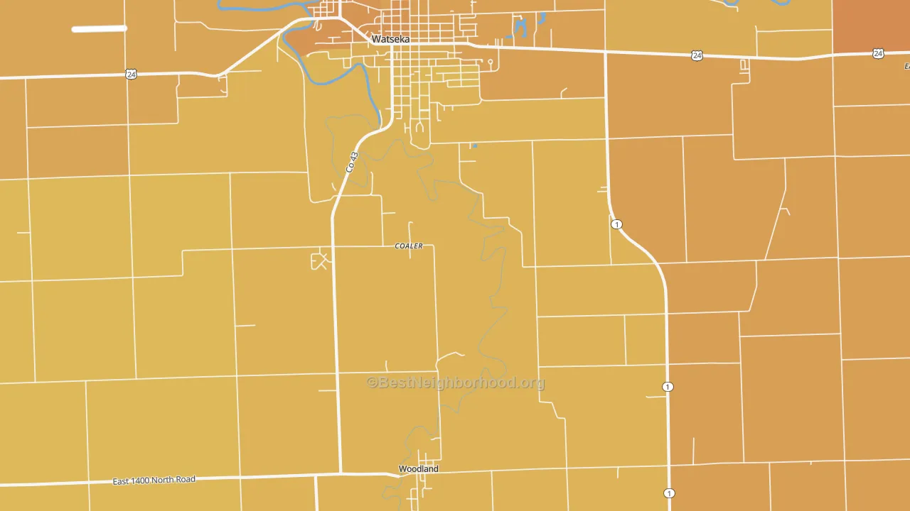 Map of the best neighborhoods in the Woodland area, with better matches in green and worse matches in red