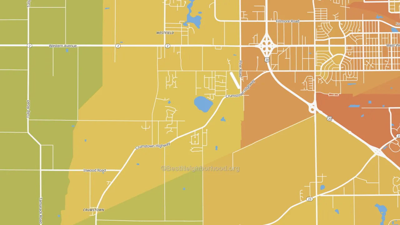 Map of the best neighborhoods in the Woodland area, with better matches in green and worse matches in red