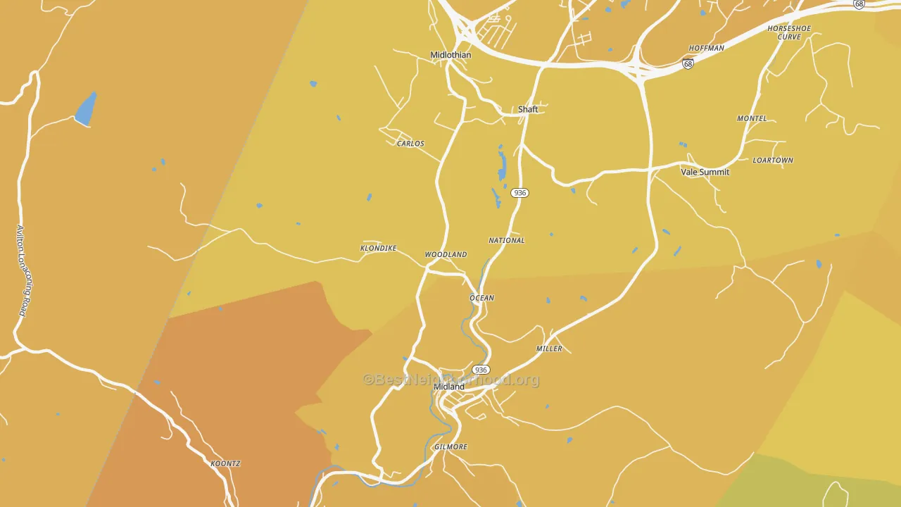 Map of the best neighborhoods in the Woodland area, with better matches in green and worse matches in red