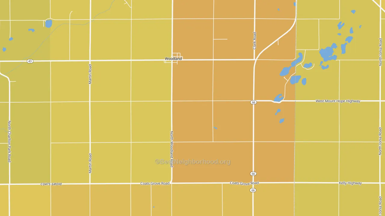 Map of the best neighborhoods in the Woodland area, with better matches in green and worse matches in red