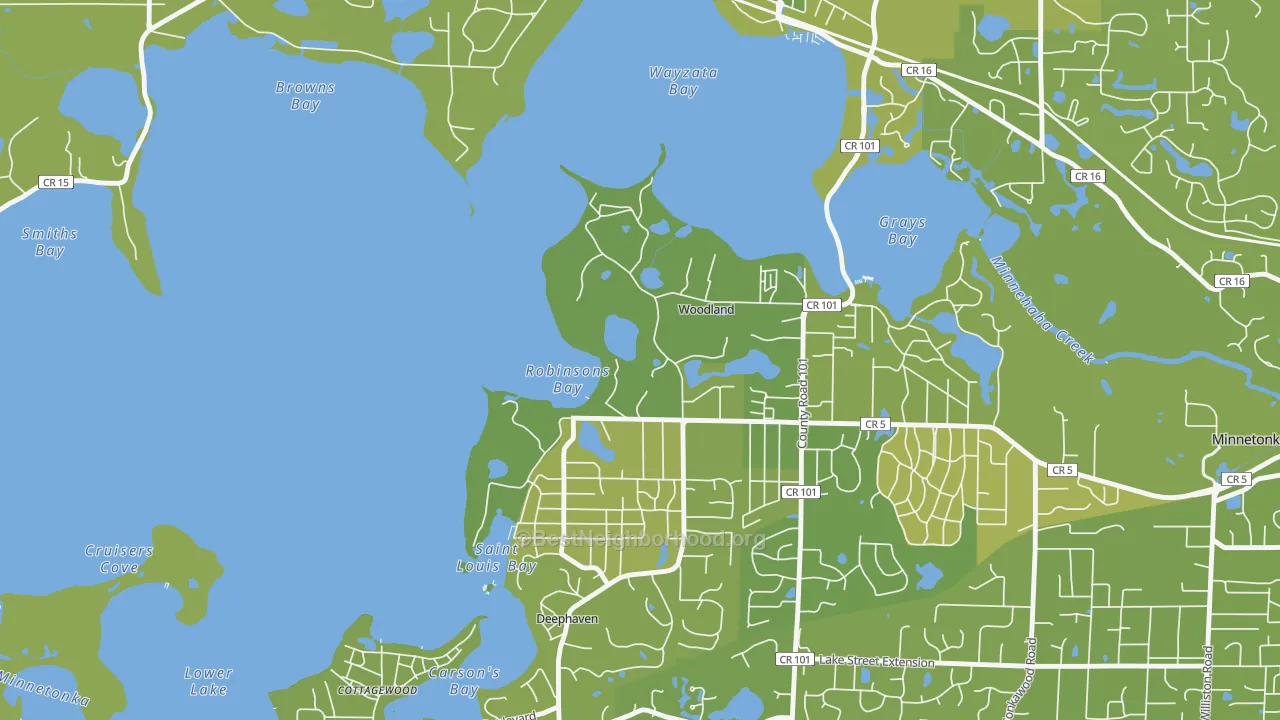 Map of the best neighborhoods in the Woodland area, with better matches in green and worse matches in red