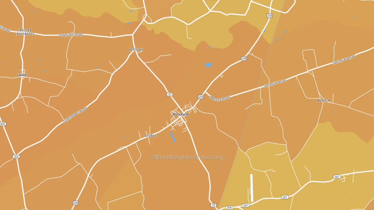 Map of the best neighborhoods in the Woodland area, with better matches in green and worse matches in red