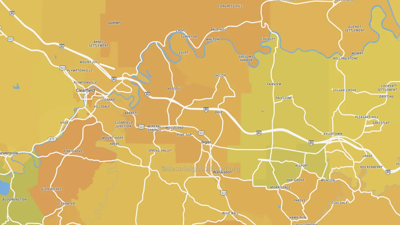Map of the best neighborhoods in the Woodland area, with better matches in green and worse matches in red