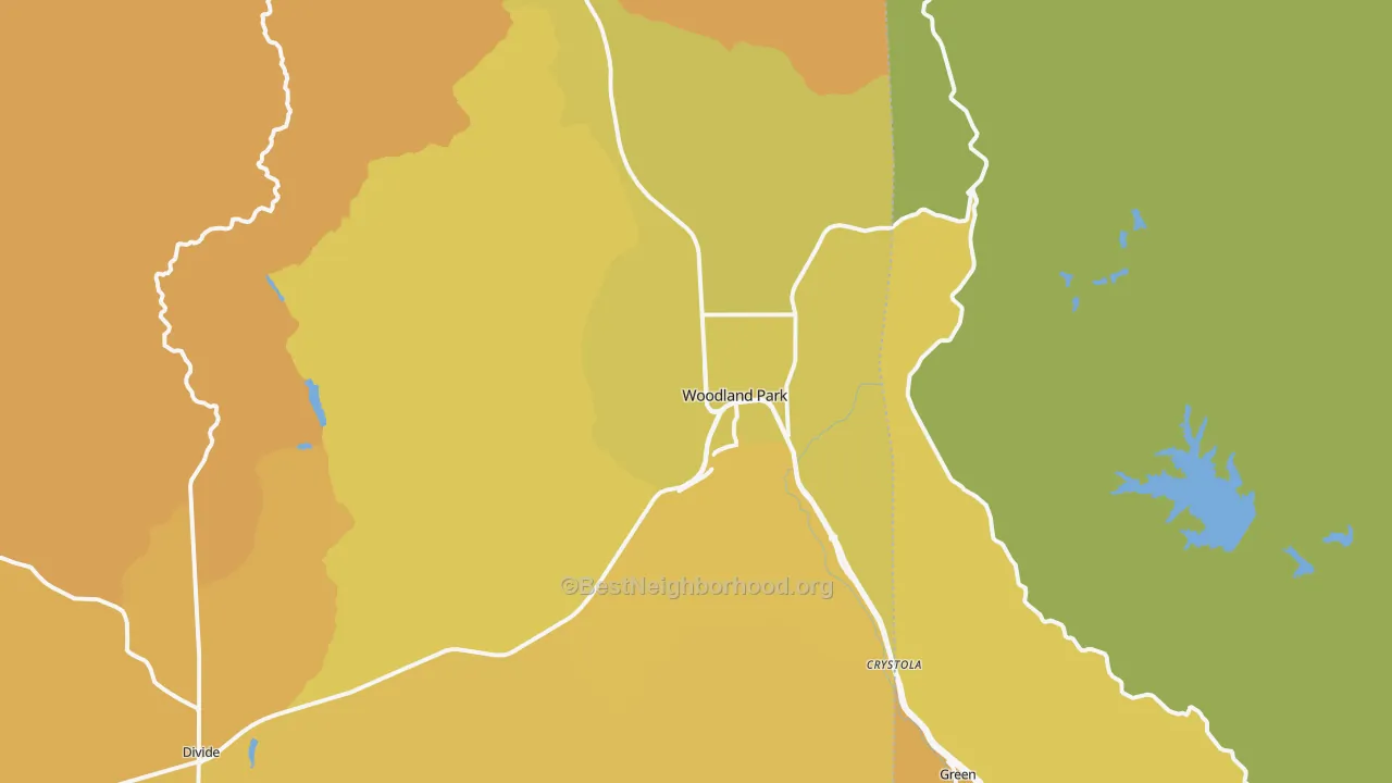 Map of the best neighborhoods in the Woodland Park area, with better matches in green and worse matches in red